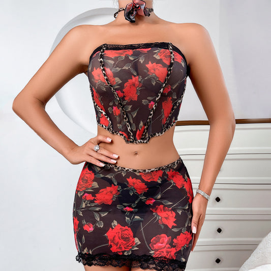 Fall Fashionable Sexy Figure Flattering Comfortable Mesh Stitching Printing Wrapped Chest Sexy Lingerie Underwear Four Piece Set