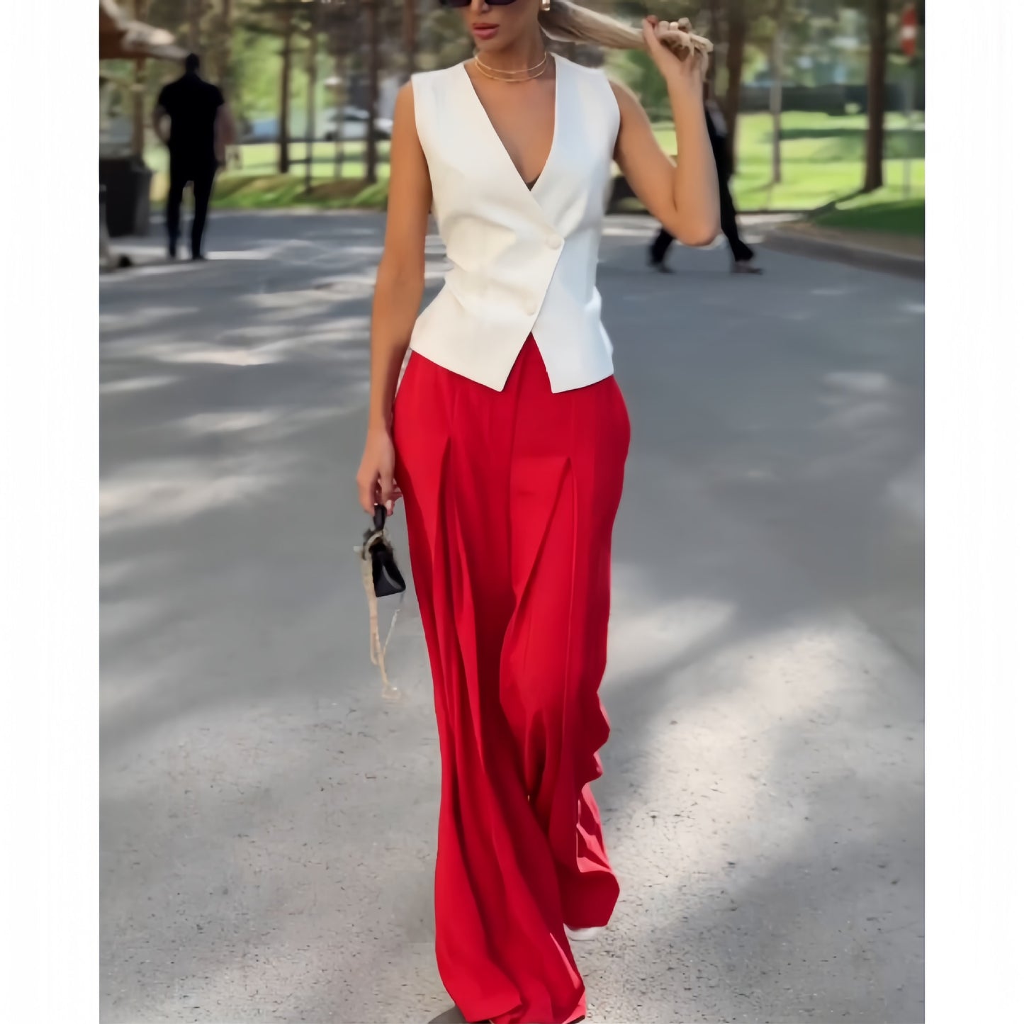 Women Clothing Personality Deep V Plunge Neck Sleeveless Top Casual High Waist Wide Leg Pants Two Piece Set