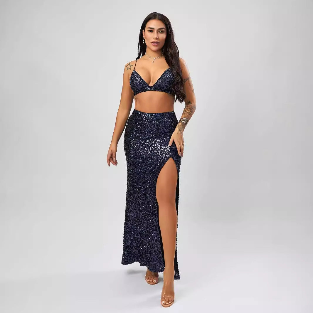 Stella Sexy Sequined High Slit Maxi Skirt Sequined Bra Top Two Piece Set