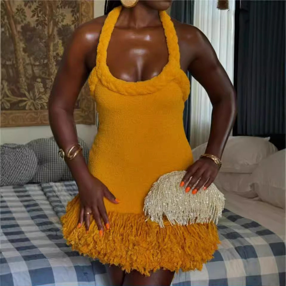 Twisted Sista Hand Woven Twine Rope Shoulder Strap Tassel Short Dress Mustard Yellow Dress