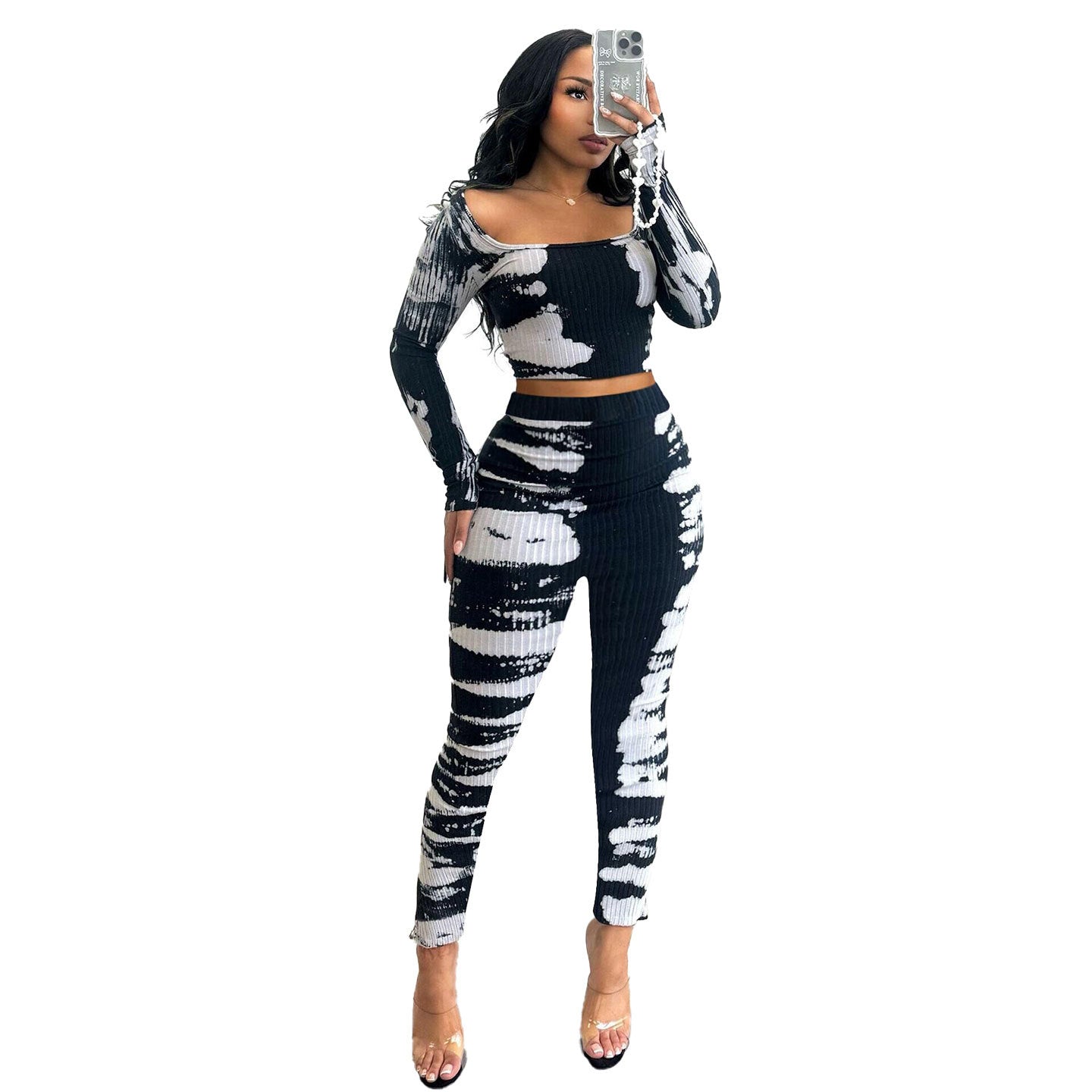 Women Sexy Printed Slim Stretch Sunken Stripe Two Piece Set