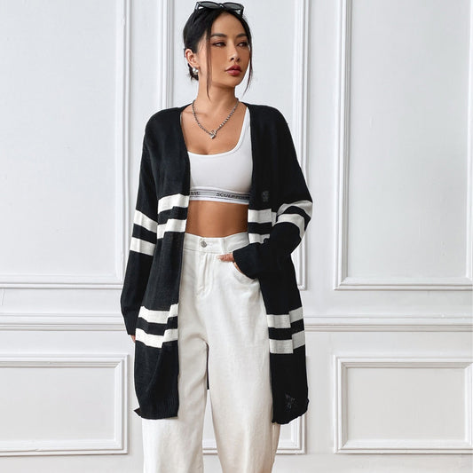Women Cardigan Women Clothing Spring Autumn Striped Color Contrast Patchwork Woven Shirt Loose Casual Sweater Coat