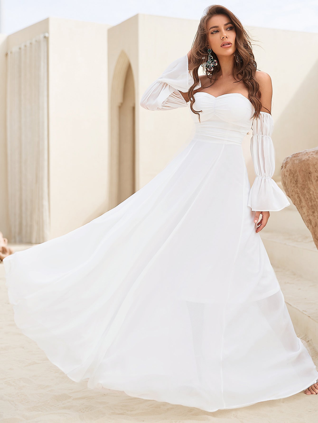 Brida Long Sleeved Tube Top Chiffon Dress Bridal White