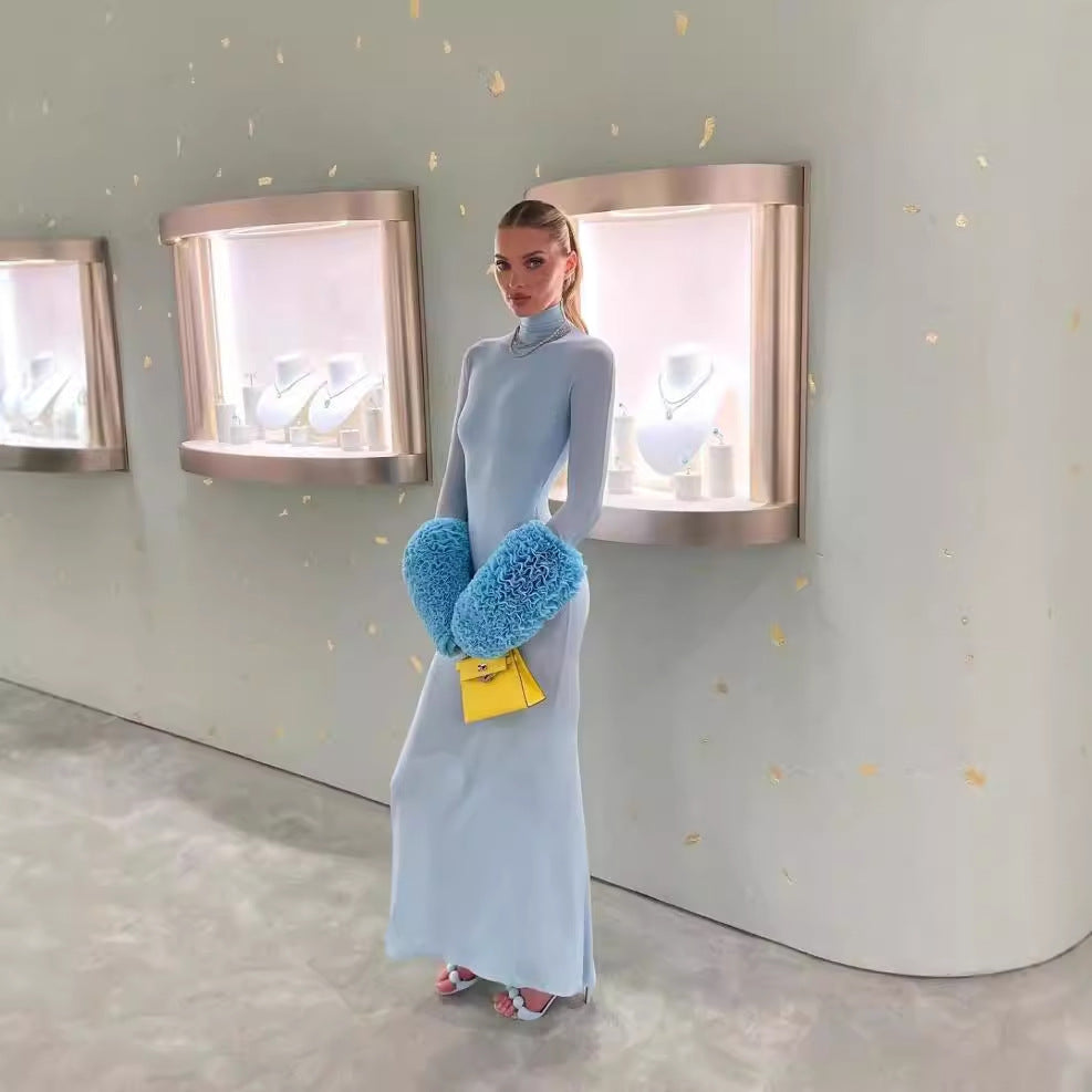 Autumn Winter Ladies Dress High Collar Long Sleeve Slim Fit Slimming Sheath Dress