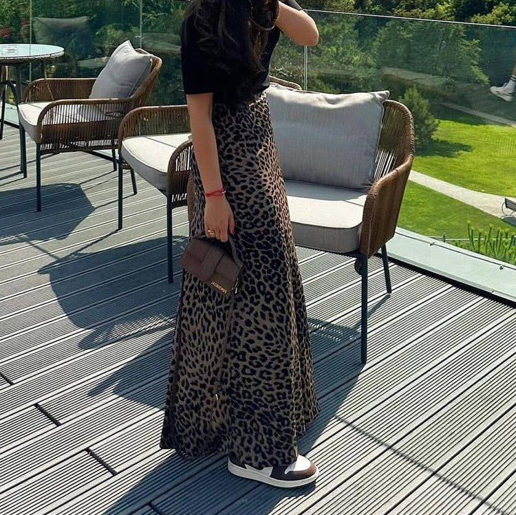 Satin Skirt Sexy Leopard Print Long Skirt High Waist Drooping Silky Hip Skirt