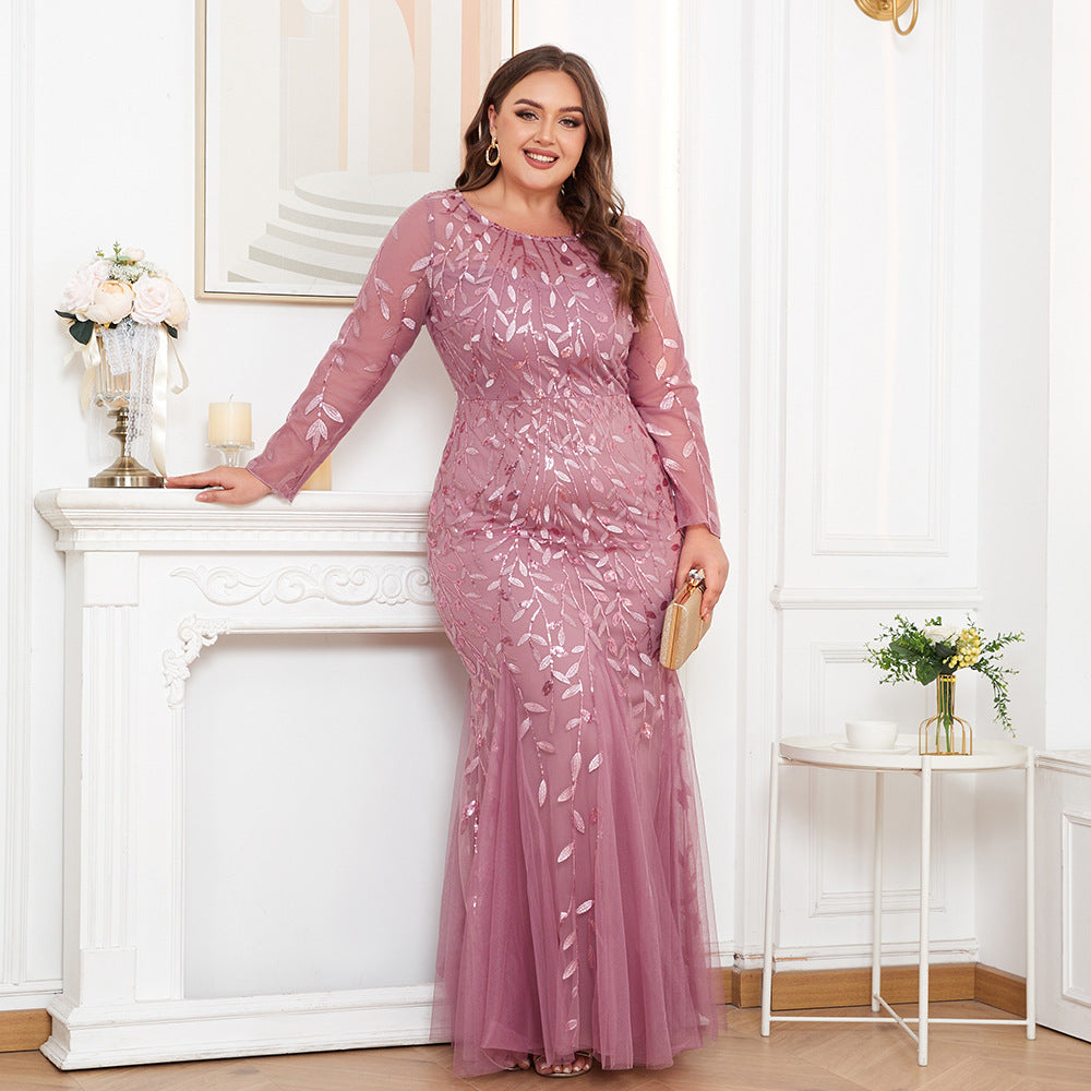 Plus Size Long Sleeve round Neck Full Lining Back Zipper Fishtail Dress Embroidered Evening Dress