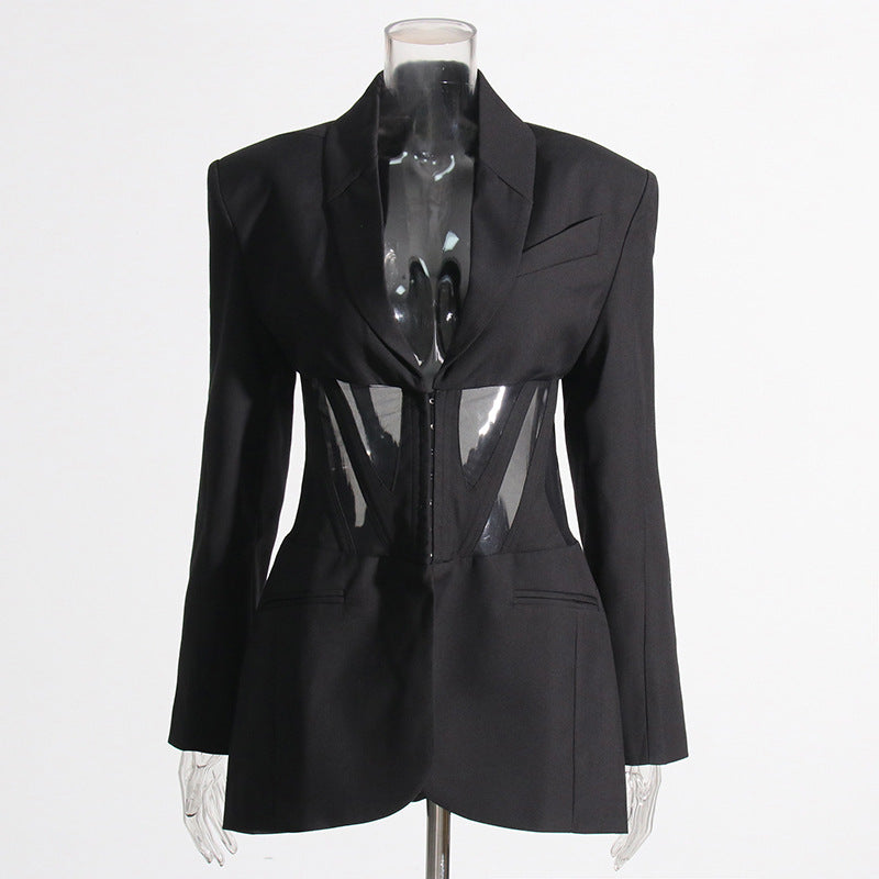 Bonnie Boning Corset Waist Mesh Stitching See Through Design Blazer Mid Length Blazers