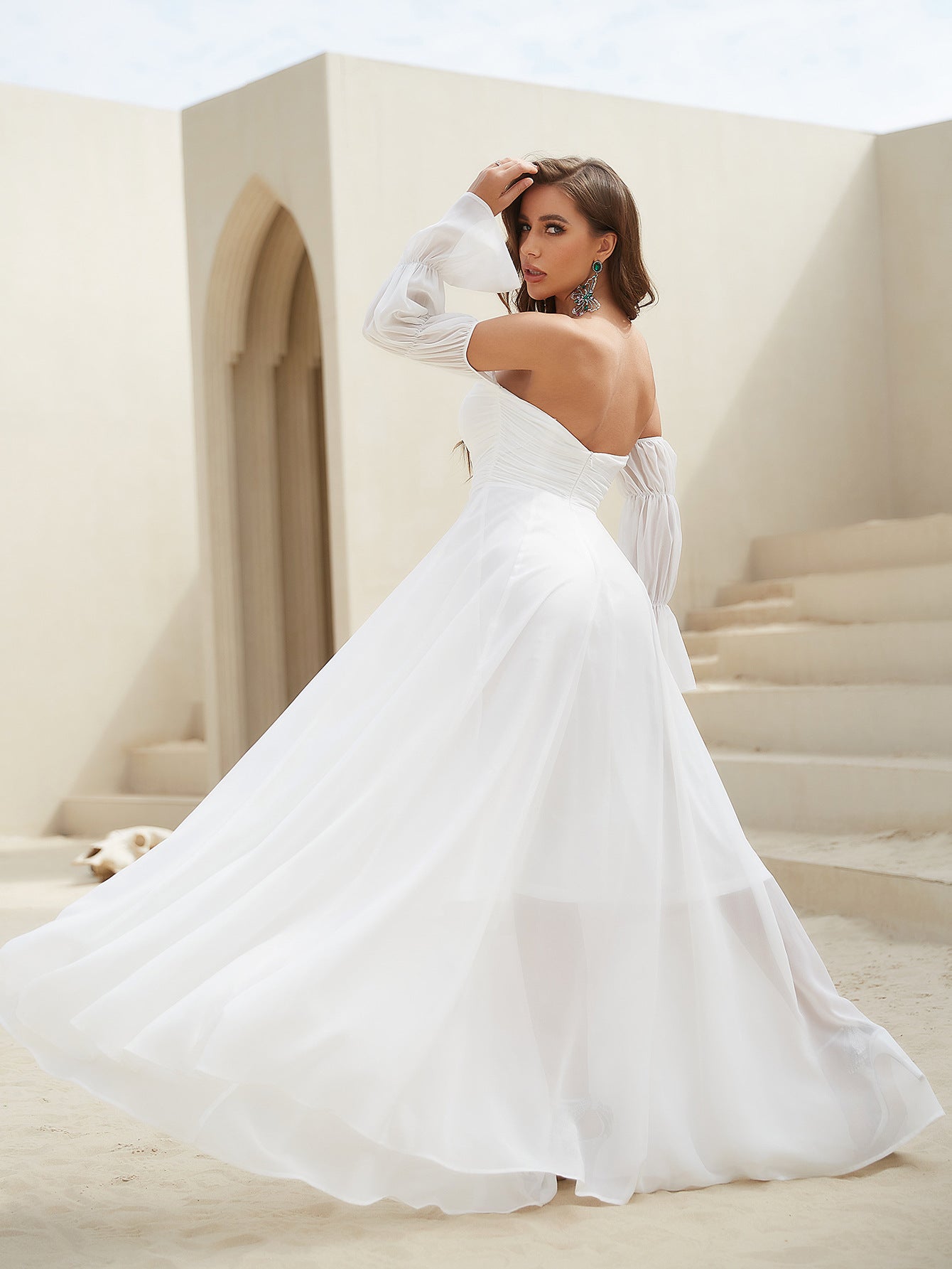 Brida Long Sleeved Tube Top Chiffon Dress Bridal White