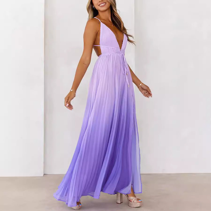 Ombre Falls V Neck Side Slit Open Back Criss-Cross Flowy Long Dress