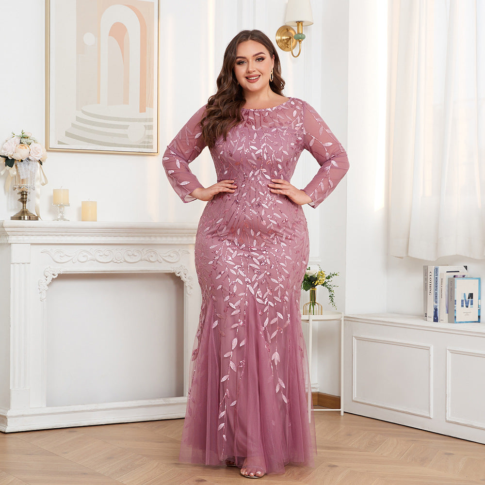 Plus Size Long Sleeve round Neck Full Lining Back Zipper Fishtail Dress Embroidered Evening Dress