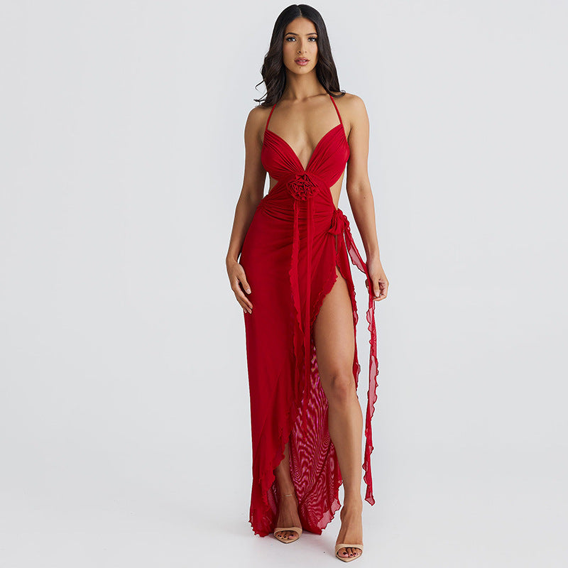 Vaila Sexy Mesh Side Slit Maxi Open Back Dress