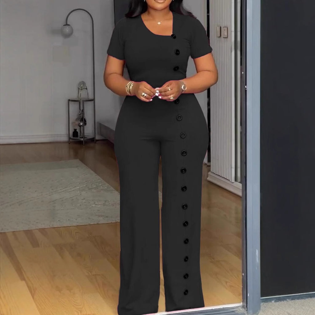 Irregular Asymmetric Neckline Tight Waist Wide Leg Breasted Jumpsuit