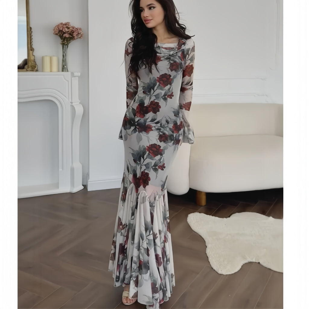 Women Romantic French Floral Print Long Sleeve Dress Maxi Dress