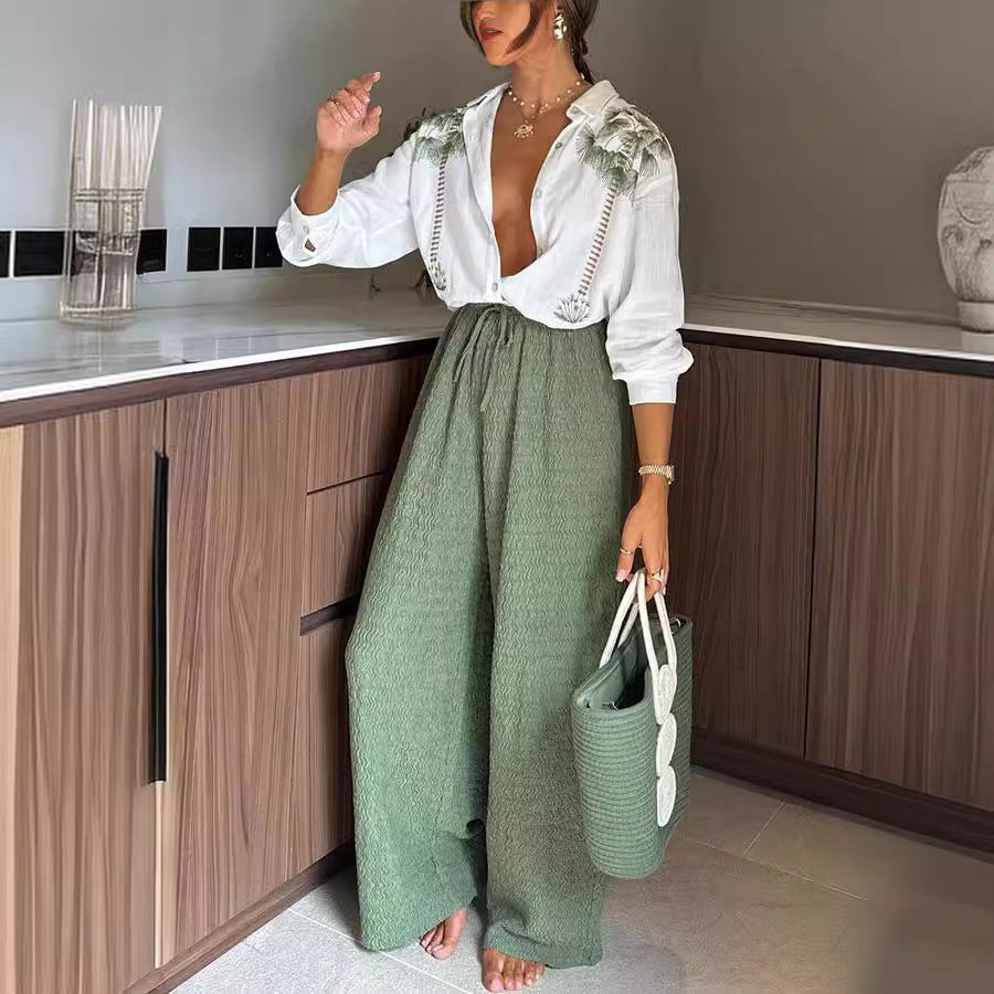 Spring Autumn Printed Long-Sleeved Single Breasted Trousers Suit Casual Loose Two Piece Suit