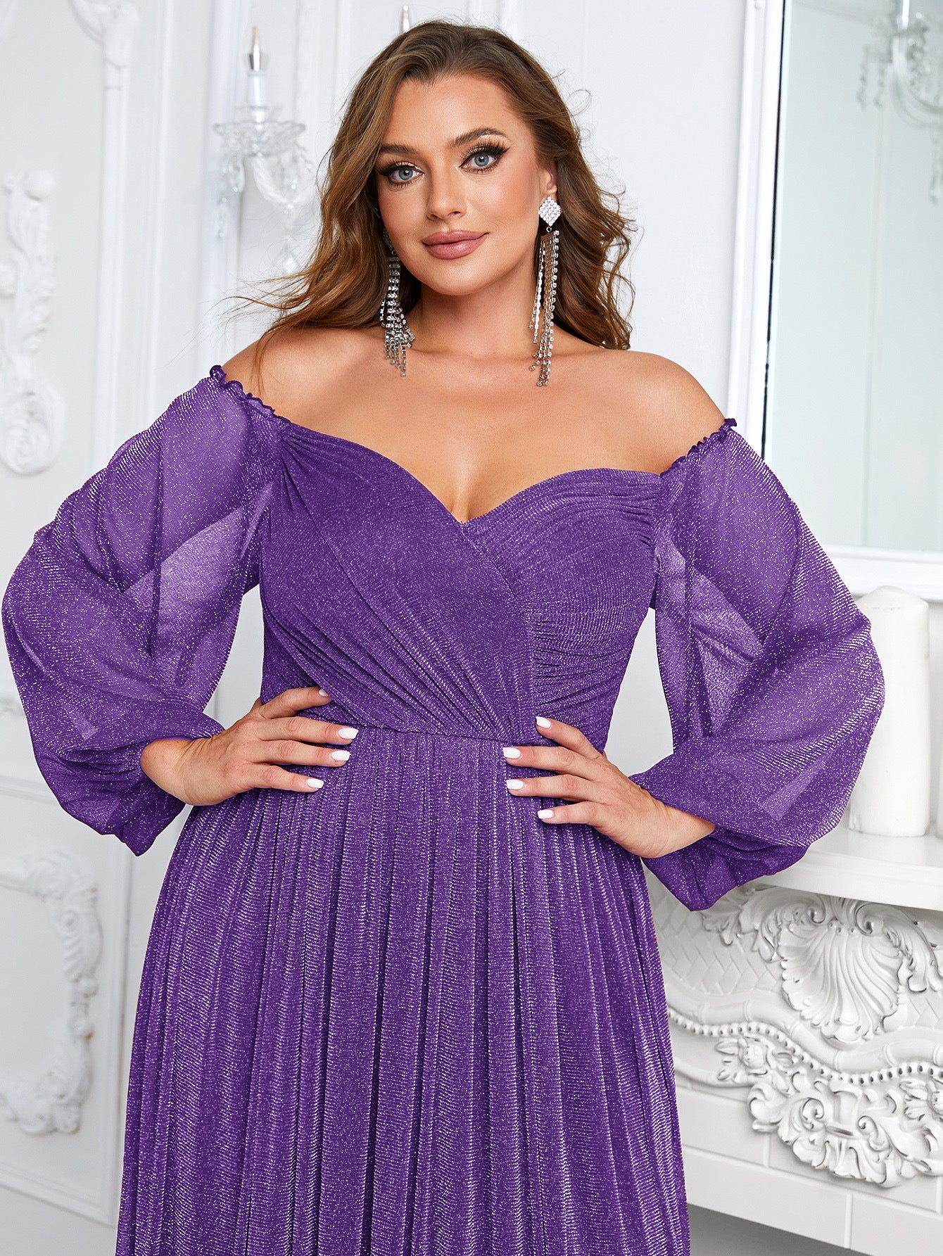 plus Size off Shoulder Long Sleeve Dress Solid Color Simple Dress Cocktail Evening Gown for Women