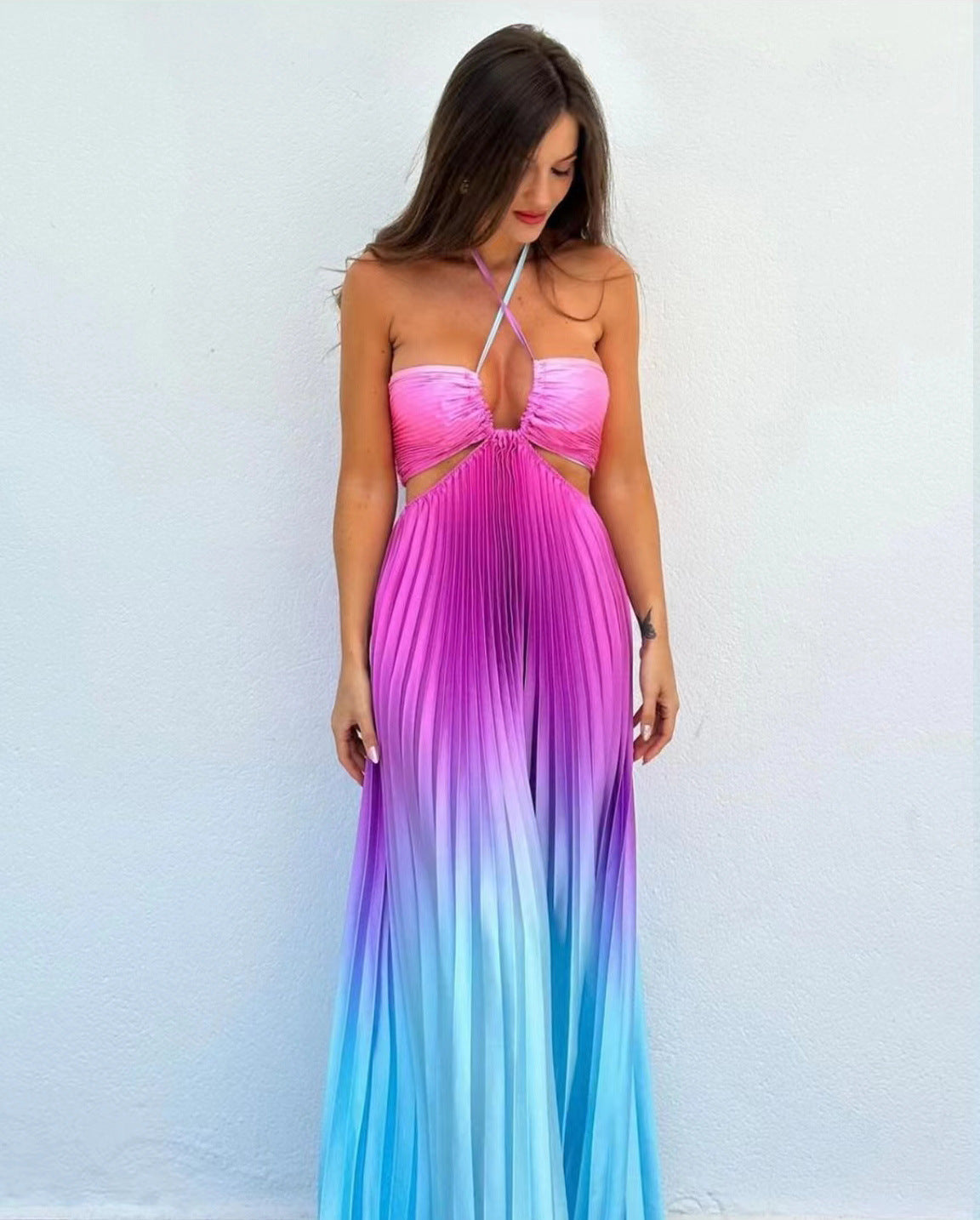 Summer Slushie Gradient Color Halter Pleated Long Dress