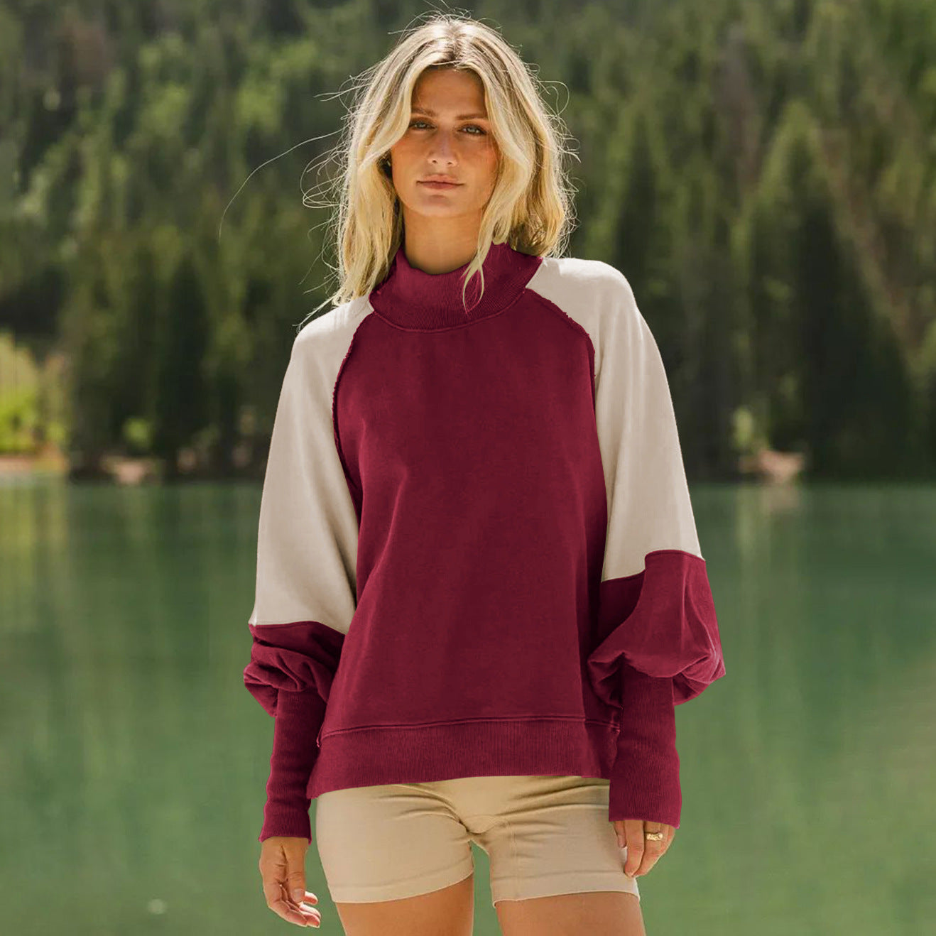 Women Clothing Contrast Color Lantern Sleeve Half High Collar Long Sleeves Sweater Casual Office Women