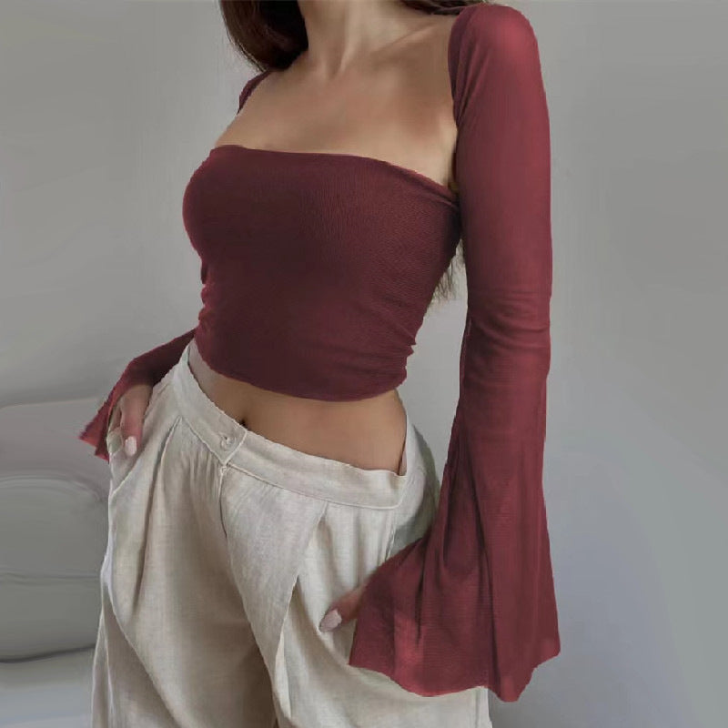 Let Me Sexy Two Piece Set Slim Tube Top Waistcoat Long Sleeve Top