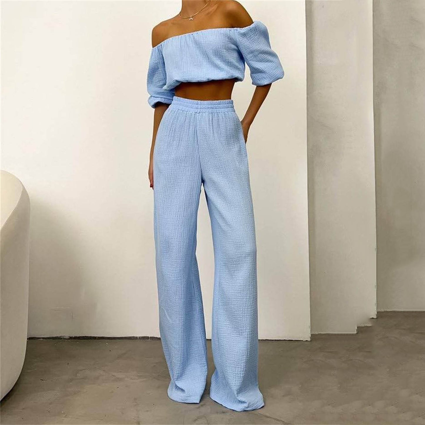 Two Piece Women Summer Pure Cotton Champray Solid Color off Neck Short Sleeved Top High Waist Wide Leg Pants Casual Suit