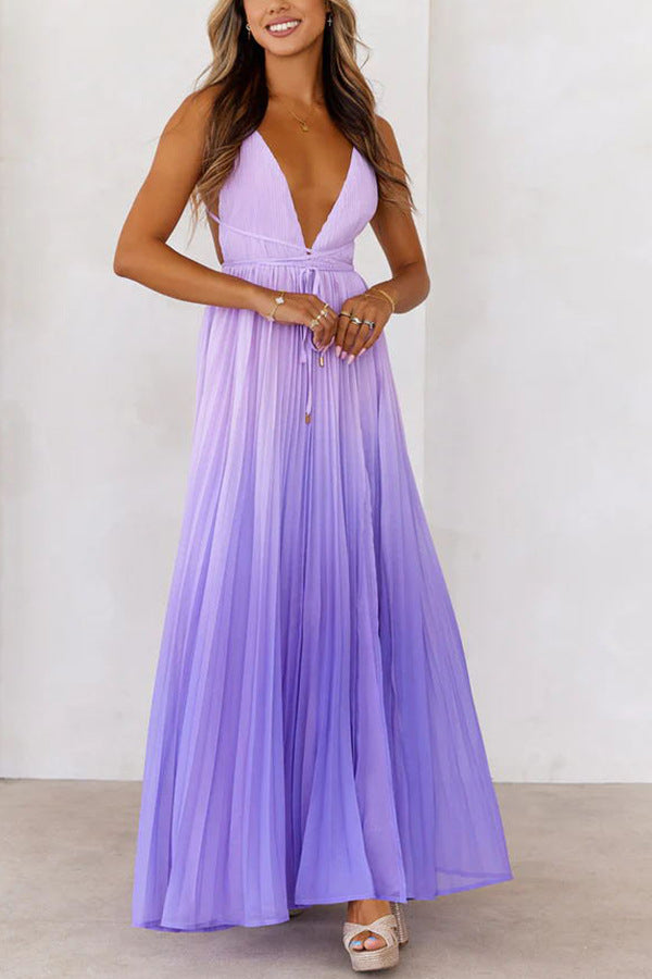 Ombre Falls V Neck Side Slit Open Back Criss-Cross Flowy Long Dress