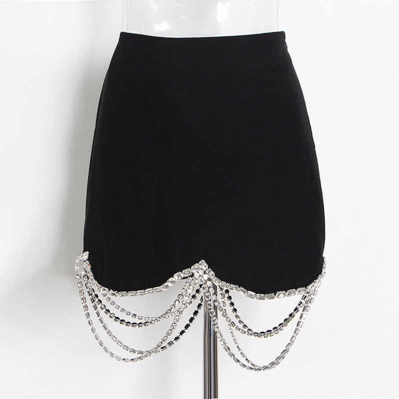 Syra Blazer And Skirt Set Rhinestone Chain Stitching Black Short Sheath Slim Skirt