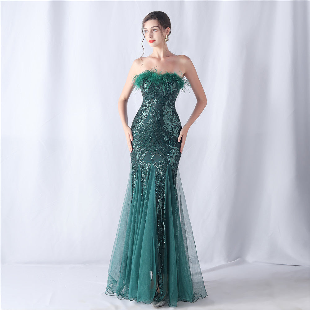 Ostrich Feather Positioning Floral Cutting Wedding Annual Meeting Tube Top Sequin Gauze Evening Dress