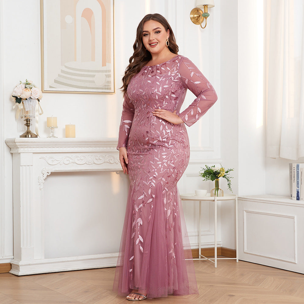 Plus Size Long Sleeve round Neck Full Lining Back Zipper Fishtail Dress Embroidered Evening Dress