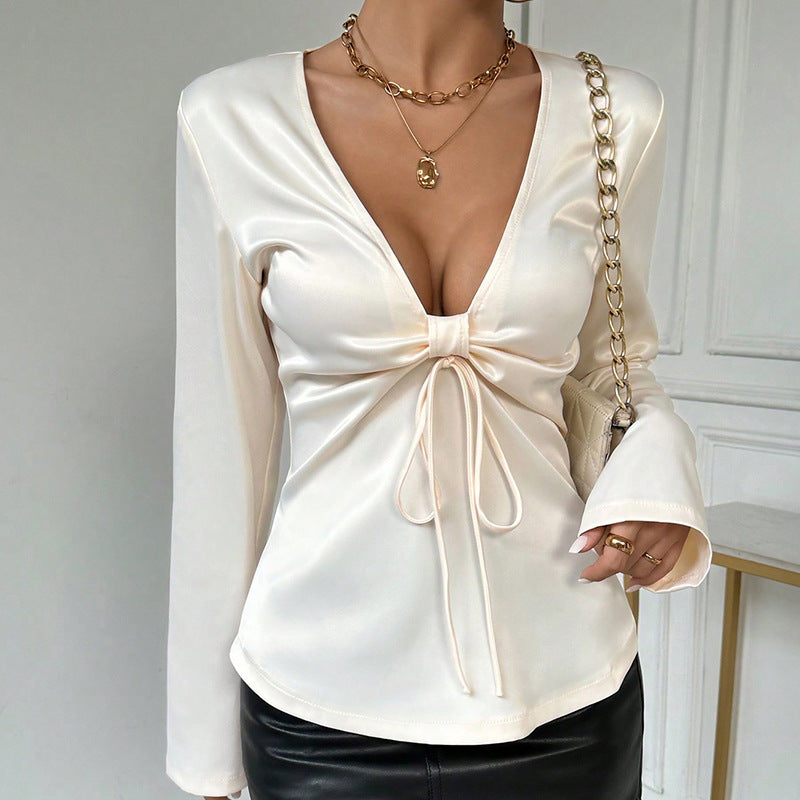 Sexy Top V neck Bow Tie Long Sleeve Women’s Shirt