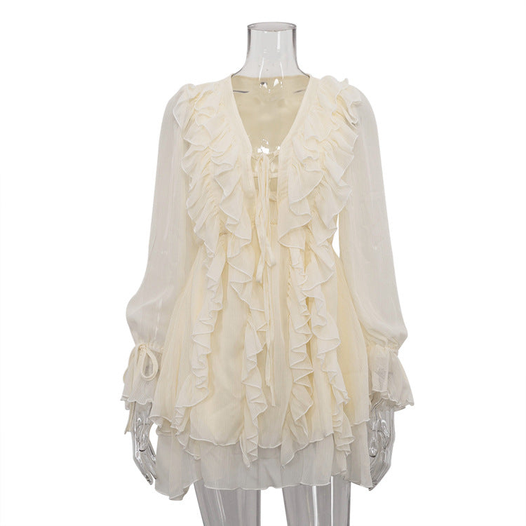 Evelyn Bridal French Design Ruffled Tied Dress V Neck Long Sleeve