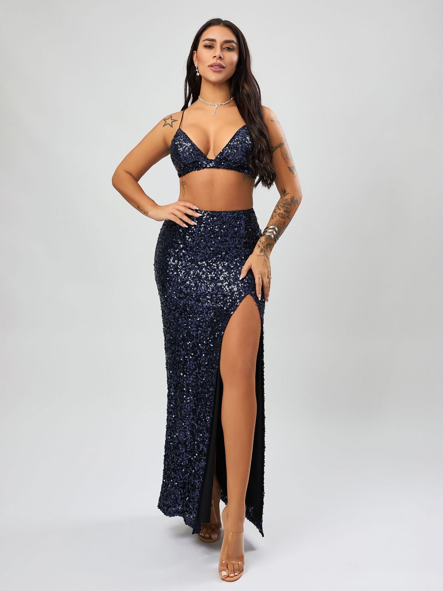 Stella Sexy Sequined High Slit Maxi Skirt Sequined Bra Top Two Piece Set