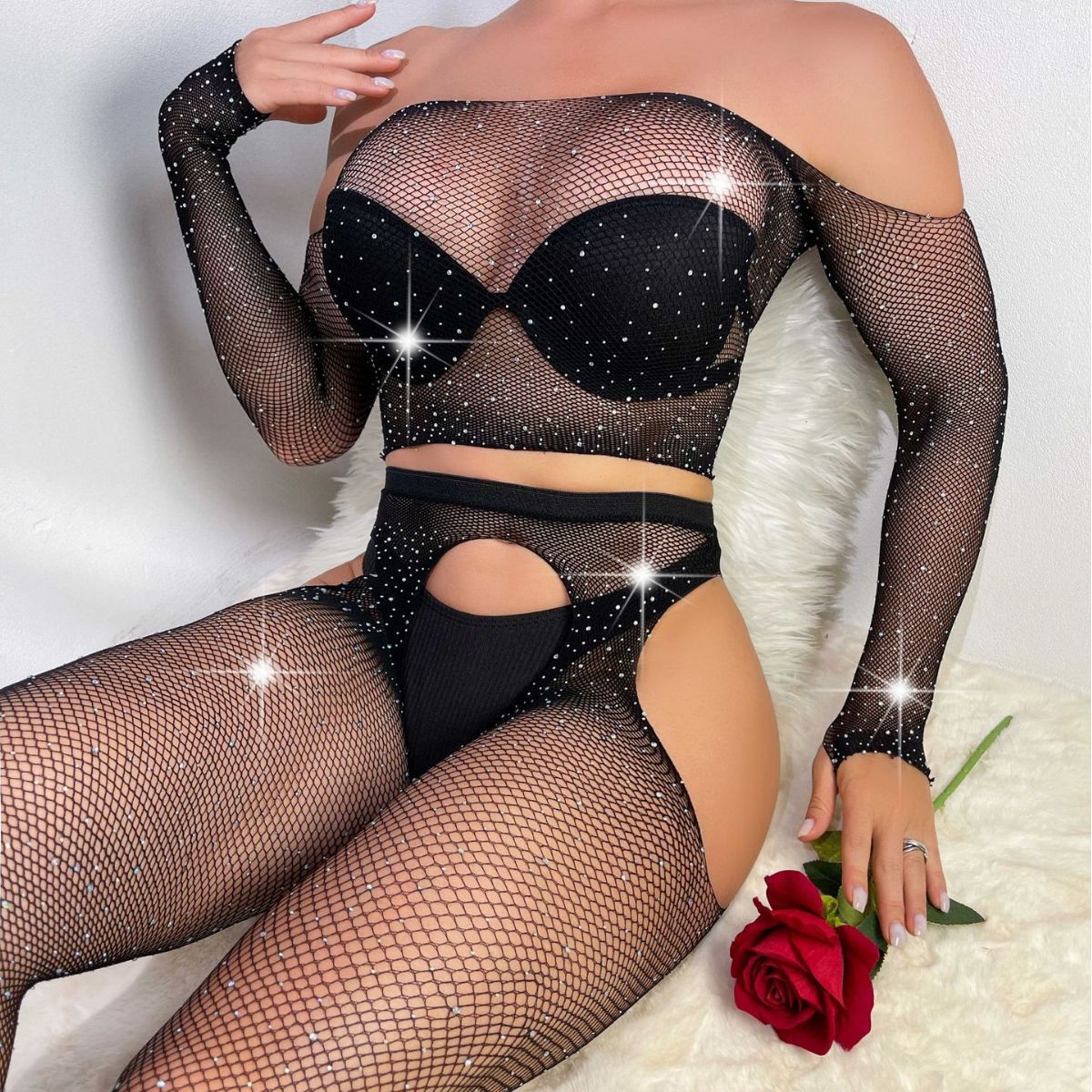 Chest Wrapped Rhinestone Sexy Lingerie Drill Starry Split Two Piece Set Sexy