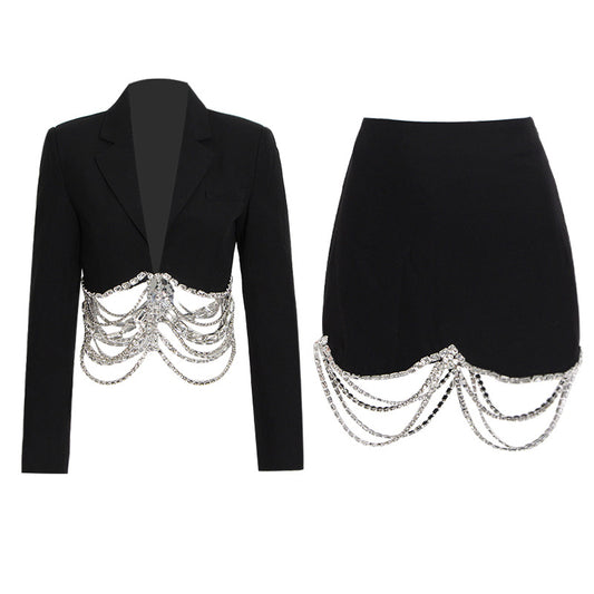 Syra Blazer And Skirt Set Rhinestone Chain Stitching Black Short Sheath Slim Skirt