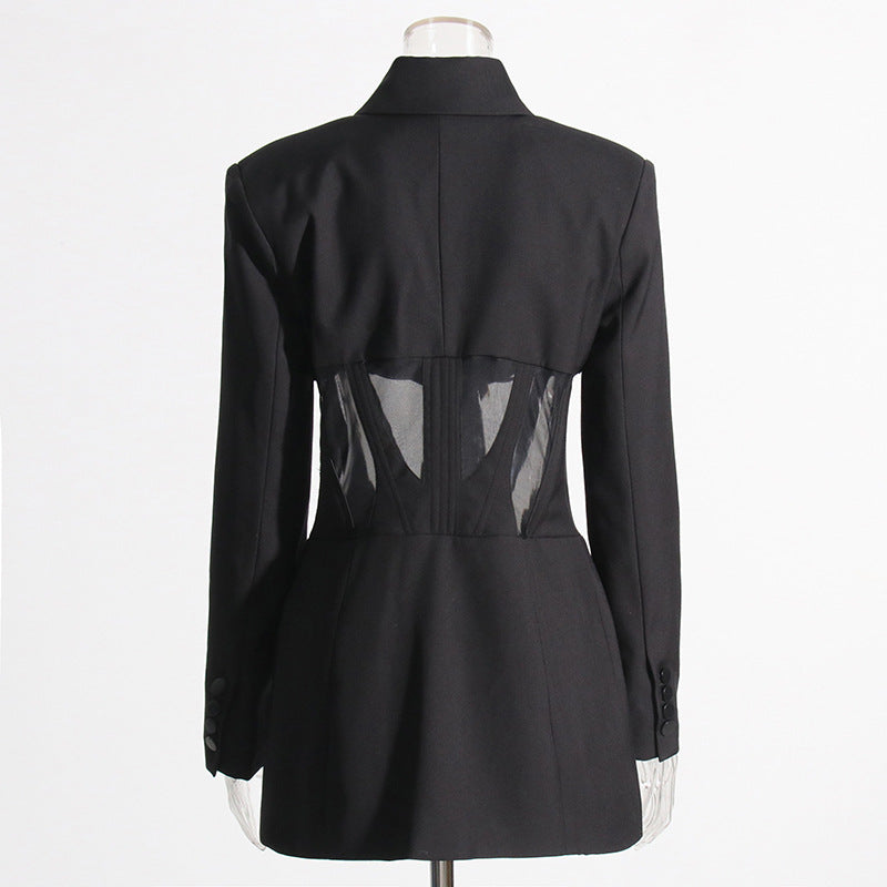 Bonnie Boning Corset Waist Mesh Stitching See Through Design Blazer Mid Length Blazers