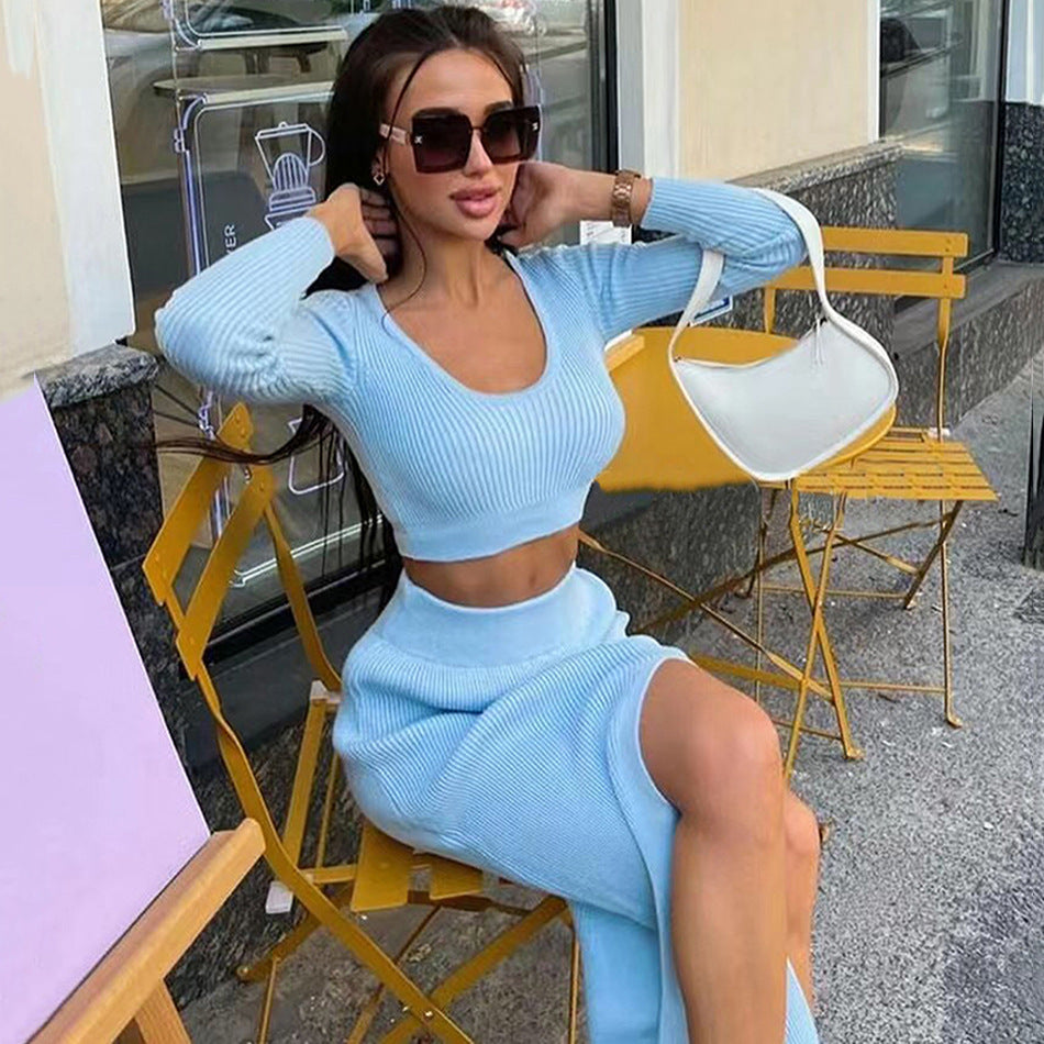 Mita Long Sleeve Sexy Crop Top Slit Long Skirt Sweater Two-Piece Set