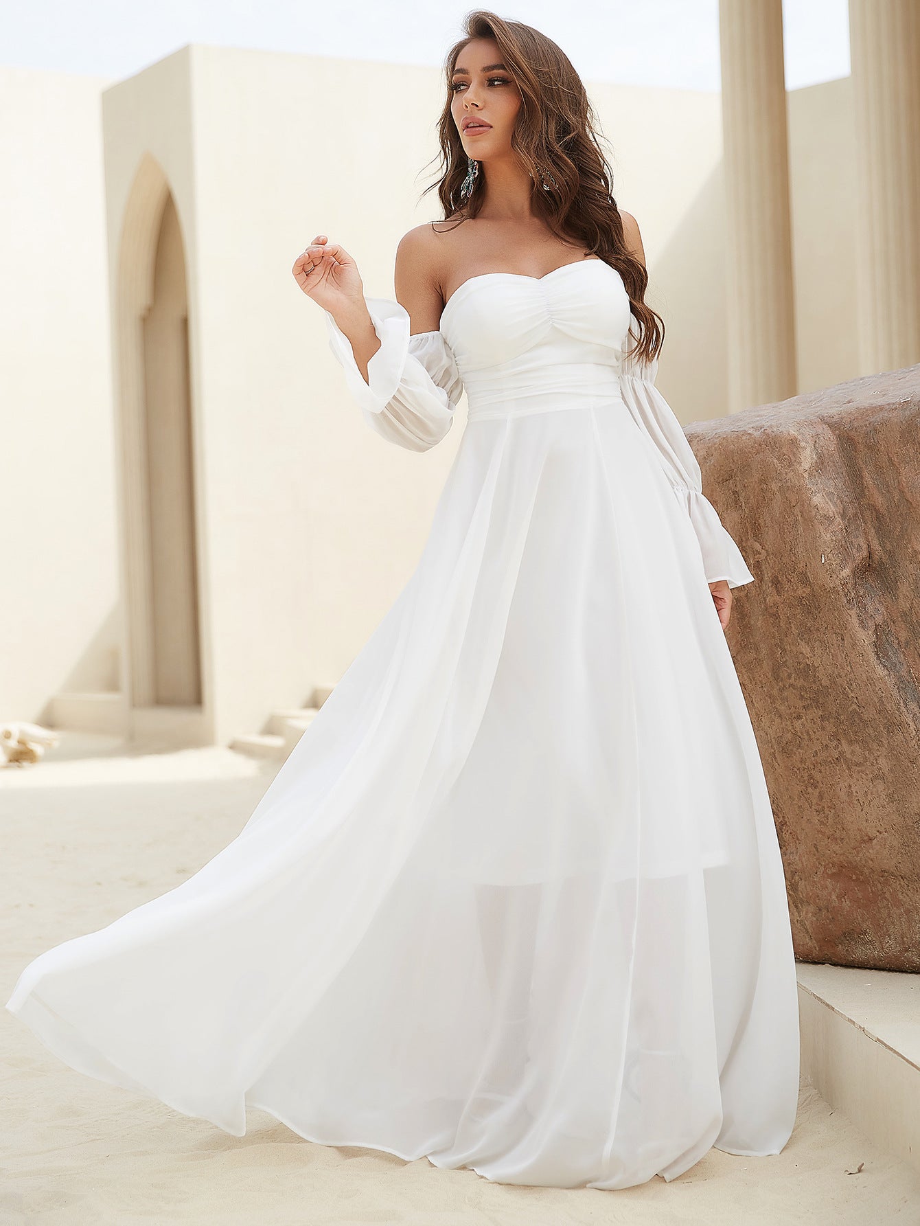 Brida Long Sleeved Tube Top Chiffon Dress Bridal White