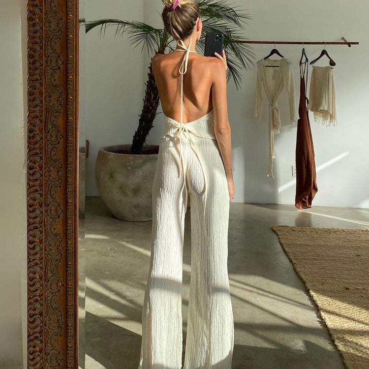 Beachy Bridal Backless Spaghetti Straps Vest Beige Pleated Slim Fit Slit Blouse And Pants