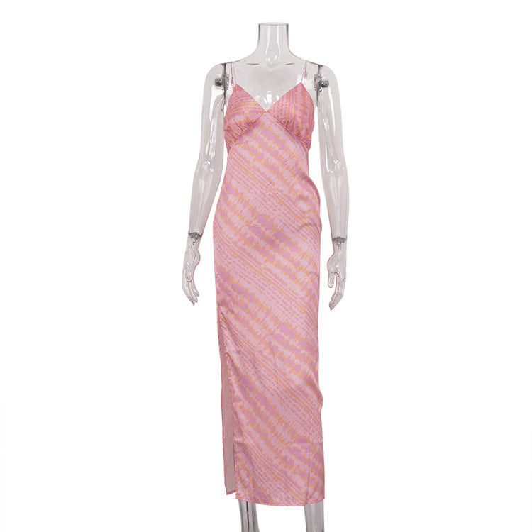 Slema Pink Gold Print Slip Dress V neck and Side Slit