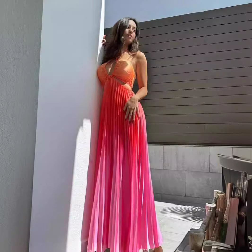 Summer Slushie Gradient Color Halter Pleated Long Dress