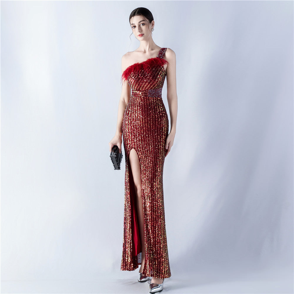 Milda Beaded Single Shoulder Diagonal Collar High Side Slit Sequined Dress