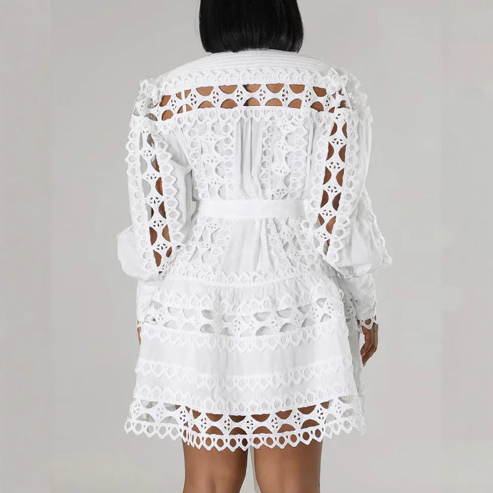 Women Lace Stitching Hollow Out Cutout Long Shirt Dress