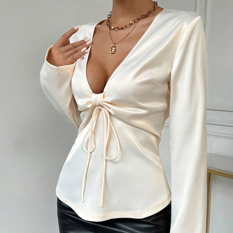 Sexy Top V neck Bow Tie Long Sleeve Women’s Shirt