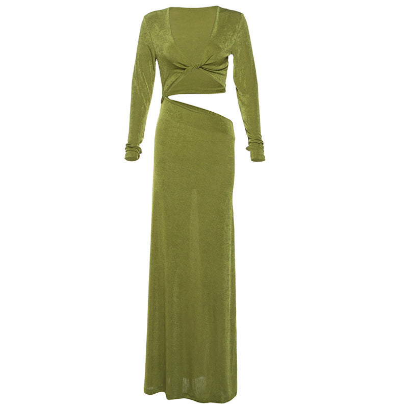 Sexy Green Apple Deep V Plunge Neck Slim Fit Sheath Long Sleeve Women’s Dress