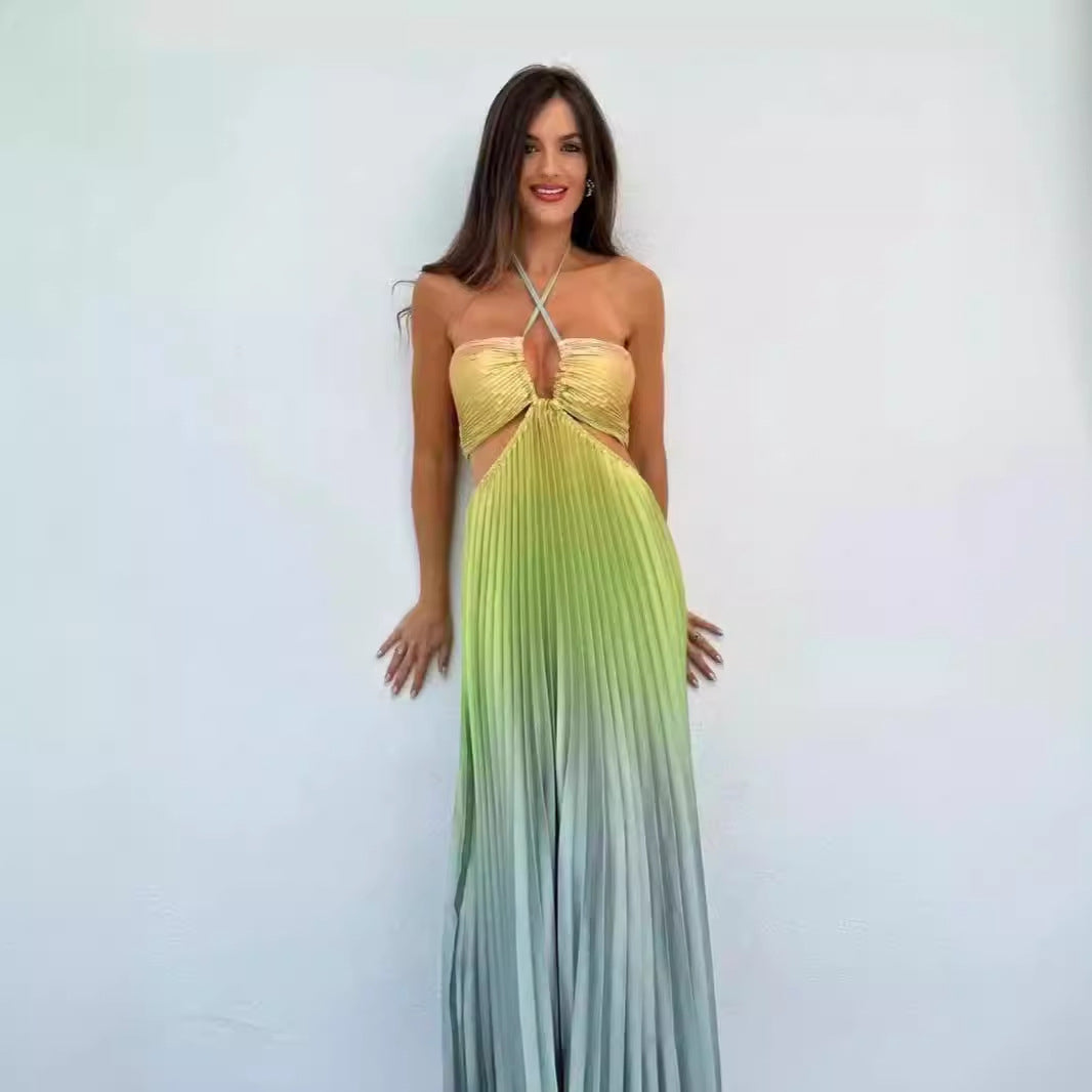 Summer Slushie Gradient Color Halter Pleated Long Dress