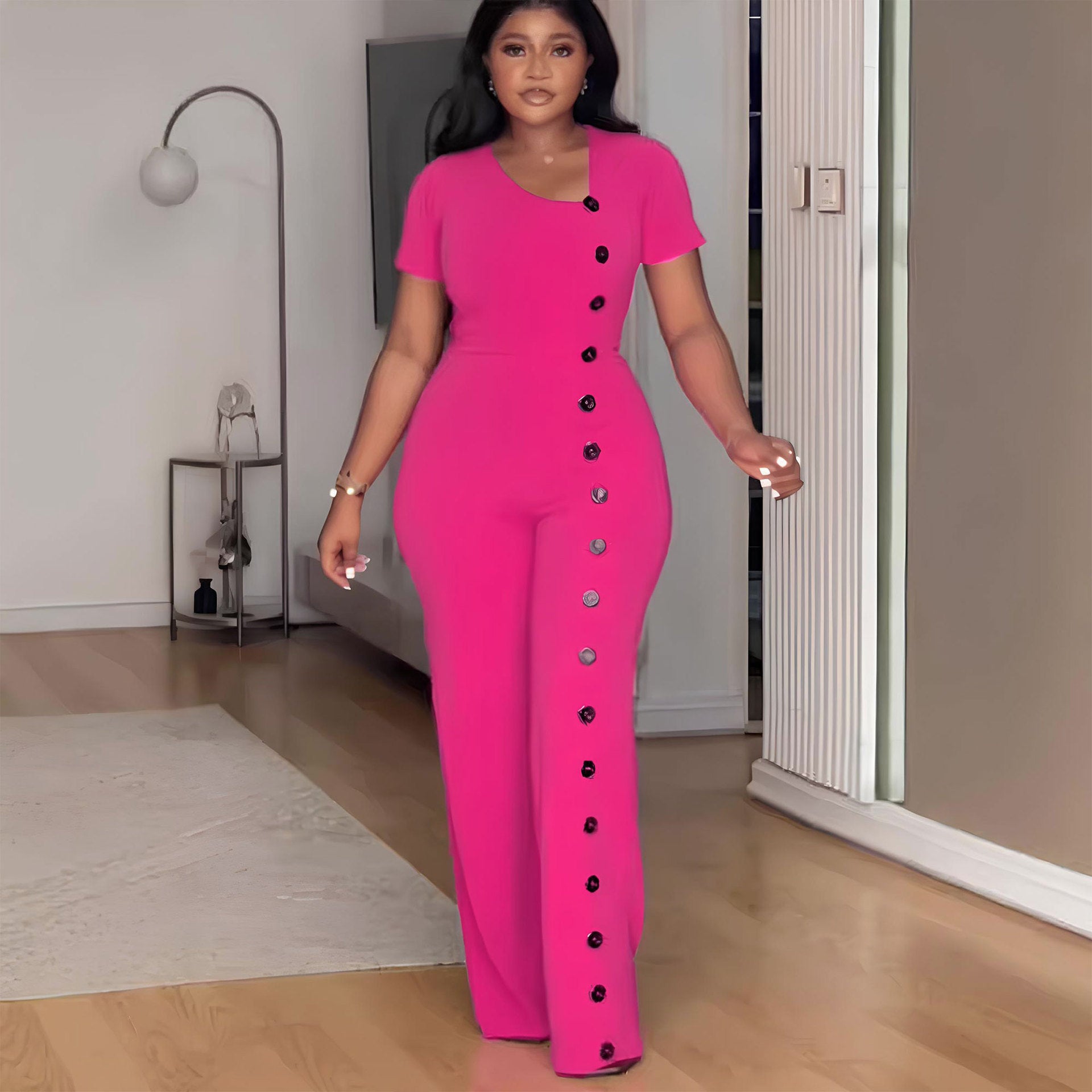 Irregular Asymmetric Neckline Tight Waist Wide Leg Breasted Jumpsuit