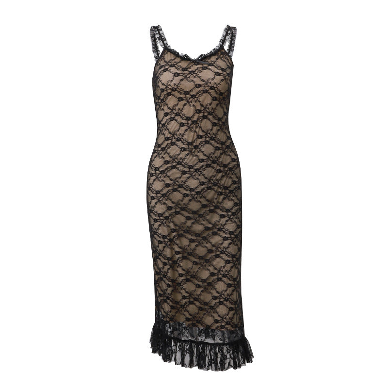 Lacie Sexy V neck Low Cut Lace Mesh Patchwork Strap Dress