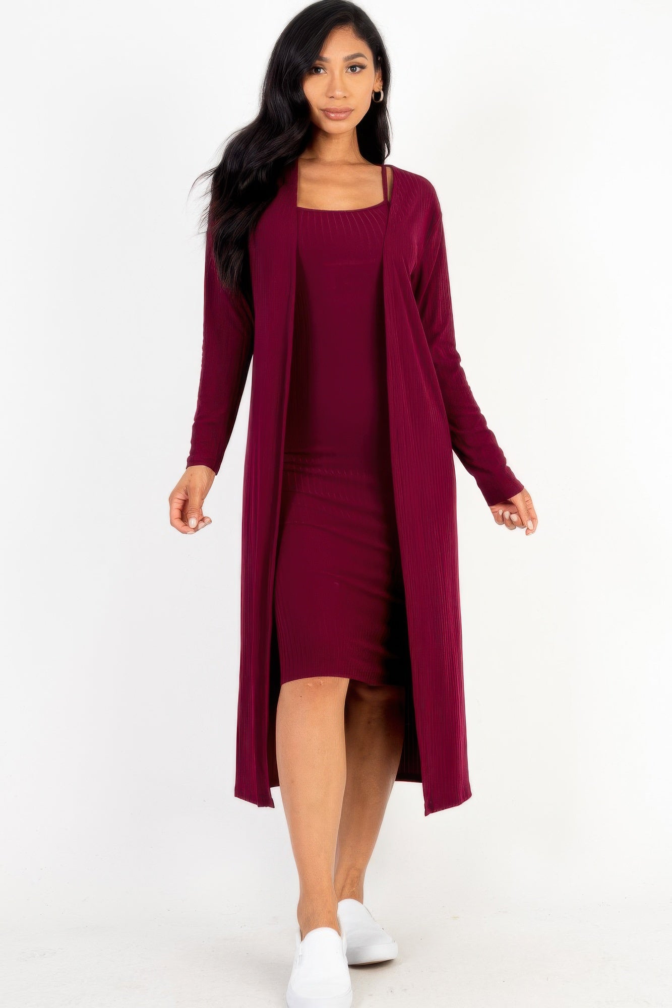 Ribbed Cardigan & Cami Midi Bodycon Dress