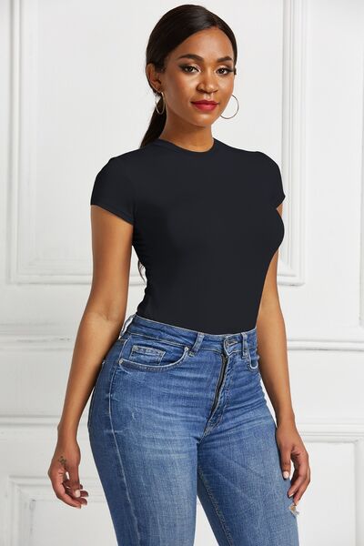 Baesic Round Neck Short Sleeve Bodysuit - NUTRAL ATTIRE