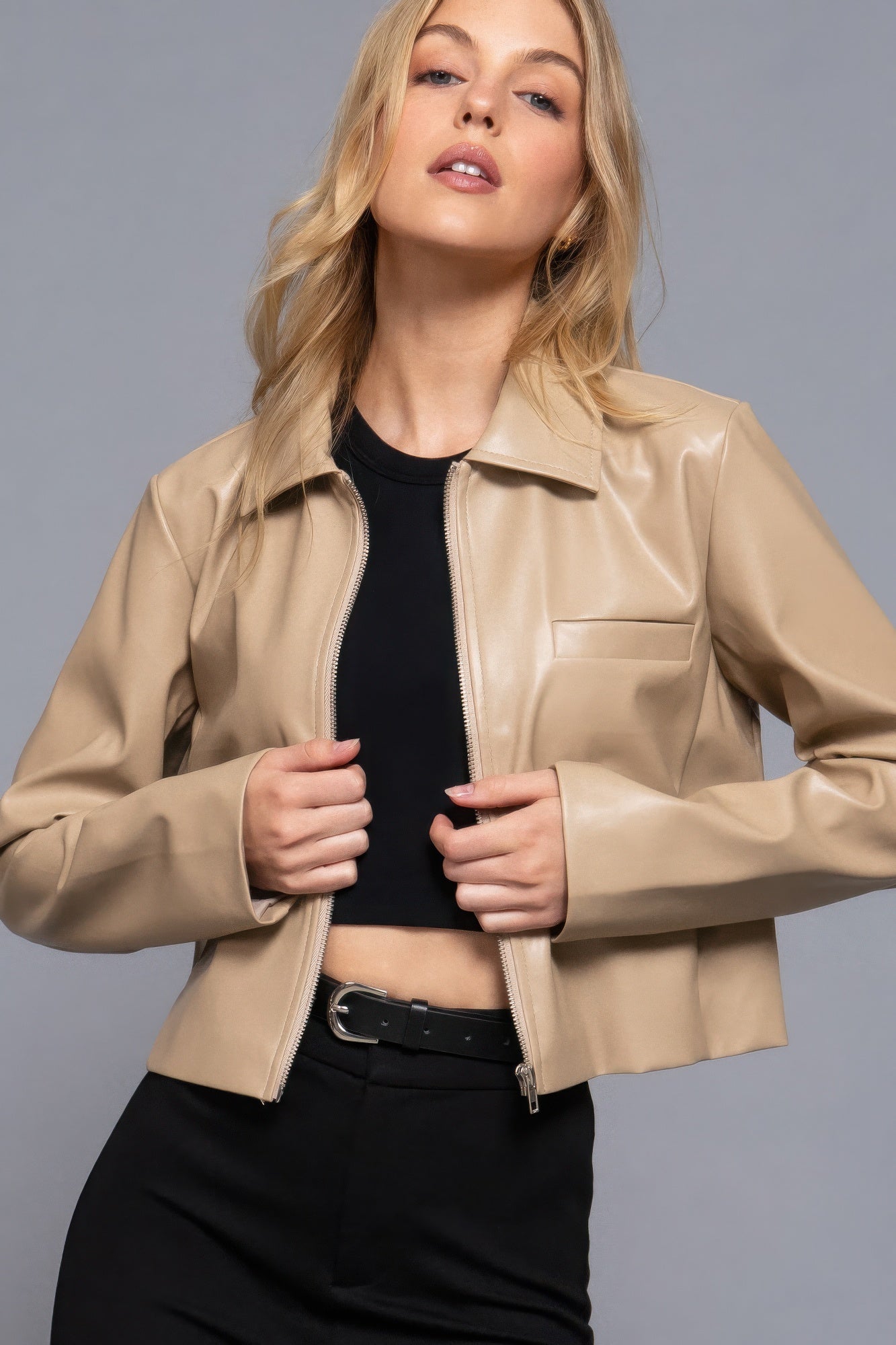 Becca Long Sleeve Faux Leather Jacket Taupe - NUTRAL ATTIRE