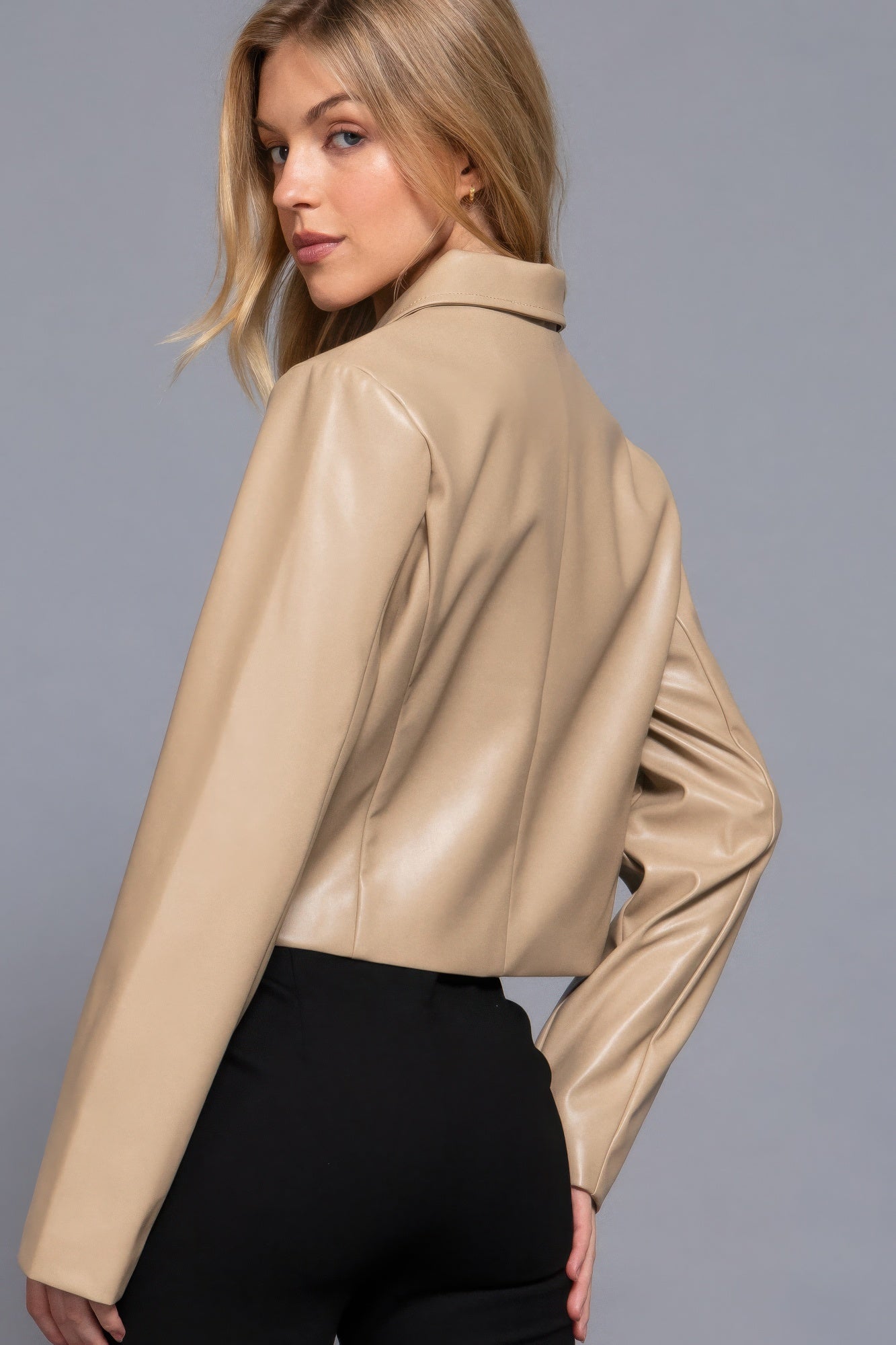 Becca Long Sleeve Faux Leather Jacket Taupe - NUTRAL ATTIRE