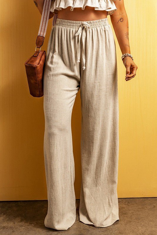 Beige Viscose Linen floor length wide leg pants - NUTRAL ATTIRE